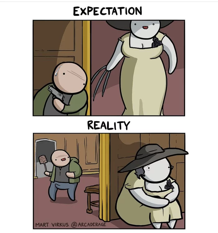 RE Village, expectation and reality - Resident evil, Resident Evil 8: Village, Lady Dimitrescu - Resident Evil, Arcade rage, , Flip flops, Comics, Humor, Game humor, , Expectation and reality