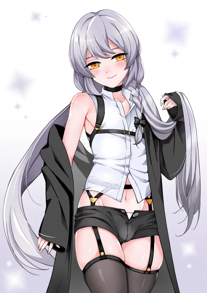 Silver-haired ... handsome - Its a trap!, Anime art, Anime trap, Femboy, NSFW, Stockings, Choker