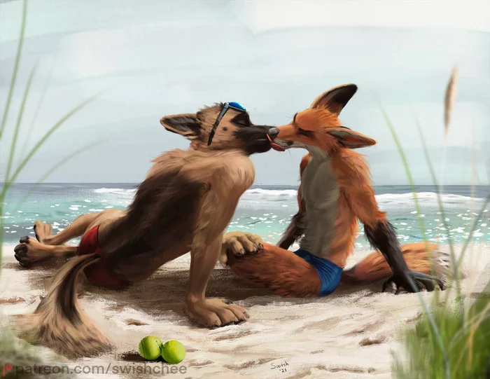 Liz on the beach - Furry, Furry art, Furry canine, Furry dog, Furry fox, Lick, Furry gay, Beach, , Rascheln, LGBT, Gays