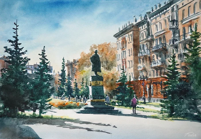 Watercolor landscape Autumn in the city of N - My, Watercolor, Art, Novokuznetsk, Sketch, Art, Architecture