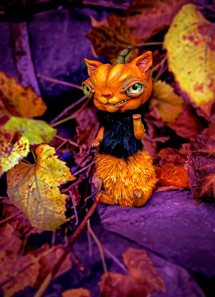 cat pumpkin - My, cat, Pumpkin, Characters (edit), Polymer clay, Longpost, Needlework without process