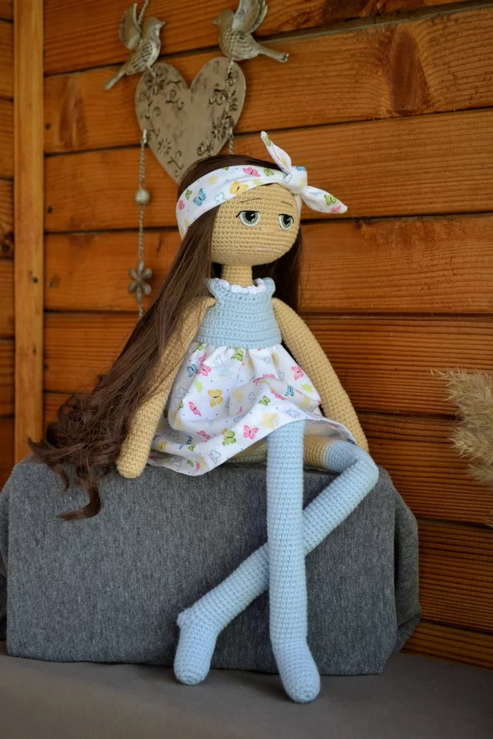 Knitted doll tilda in a dress - My, Doll, Knitted toys, Amigurumi, Tilde, Needlework without process, With your own hands, Crochet, Video, Longpost