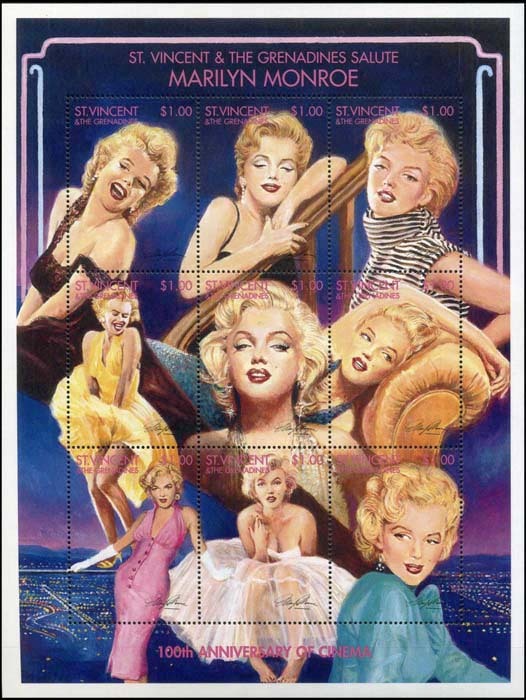Marilyn Monroe on postage stamps (LXIX) Magnificent Marilyn cycle - 464 issue - Cycle, Gorgeous, Marilyn Monroe, Actors and actresses, Celebrities, Stamps, Blonde, Collecting, , Philately, 1995, Saint Vincent and the Grenadines