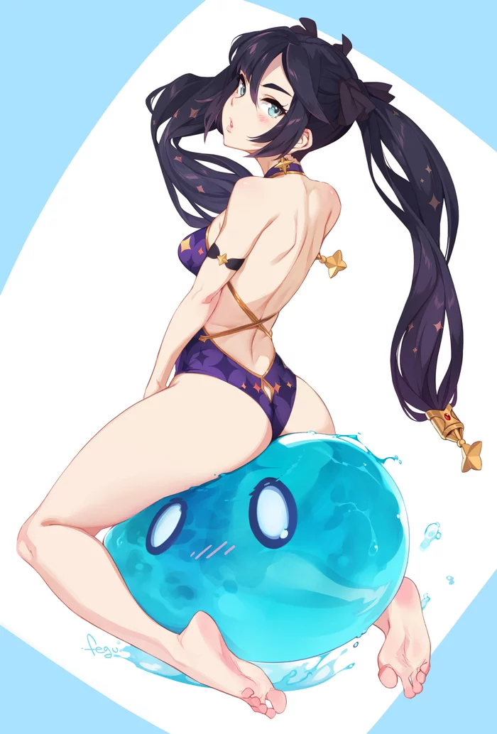 Summer Mona - NSFW, Art, Girls, Booty, Genshin impact, Mona, Feguimel, Slime