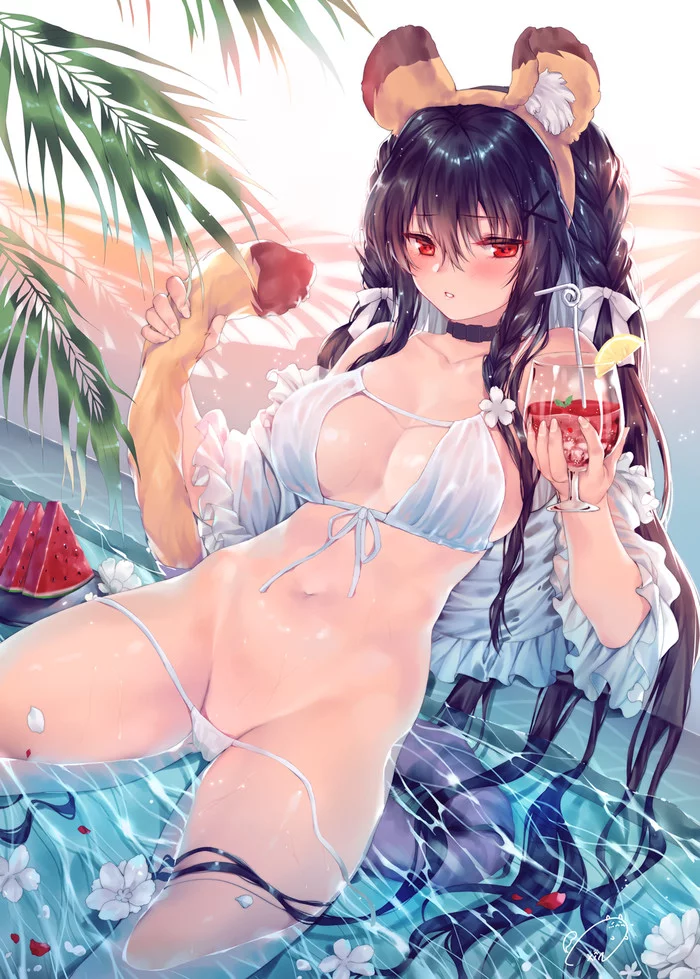 Xiaoxia - NSFW, Anime, Anime art, Anime original, Art, Girls, Breast, Pantsu, Hand-drawn erotica, , Cocktail, Swimming pool