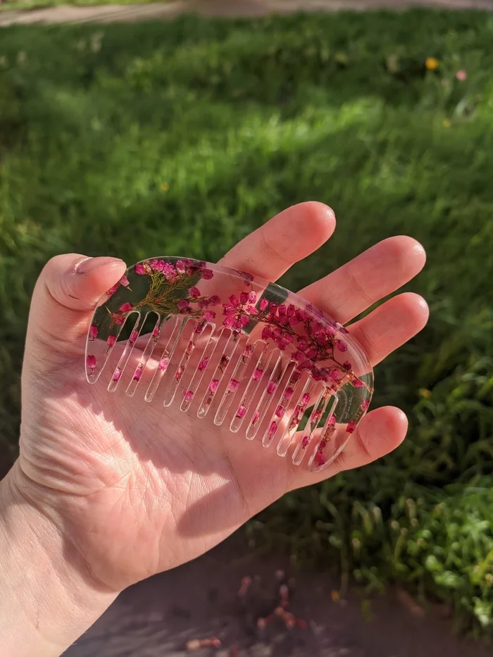 Heather scallop - My, Hair comb, Hairbrush, Handmade, Epoxy resin, Dried flowers, The photo, Needlework without process