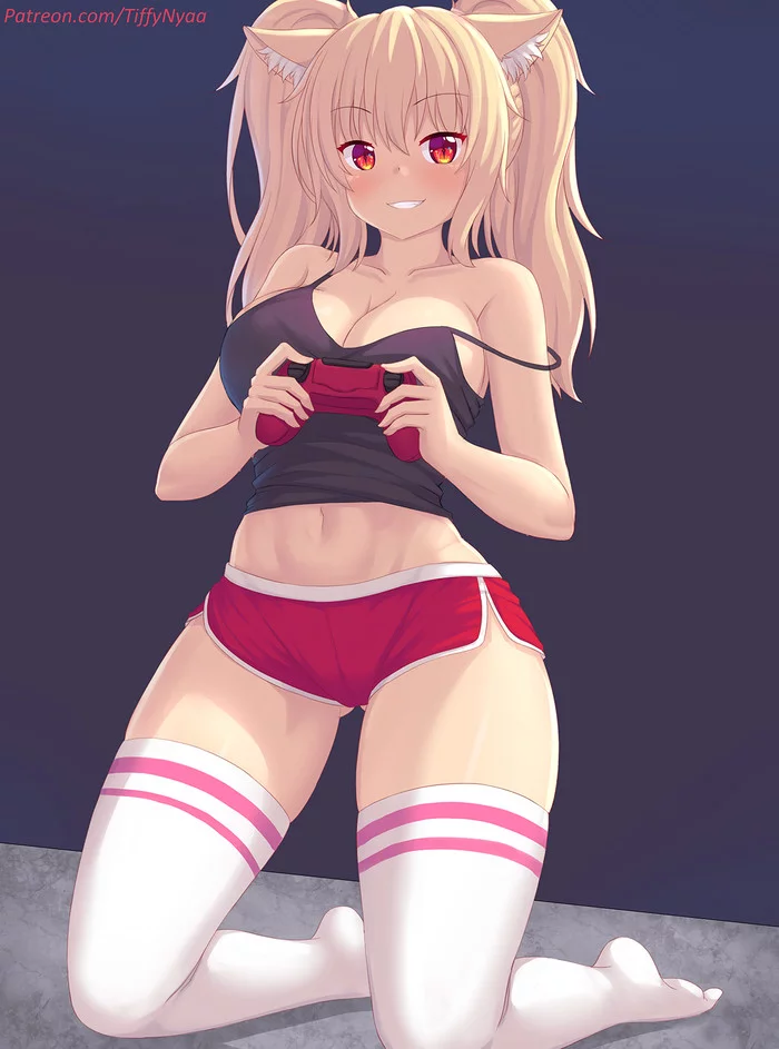 I wouldn't mind playing with her at night) - NSFW, Anime, Anime art, Anime original, Tiffy, Animal ears, Breast, Fastrunner2024, Tail, , Knee socks