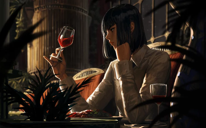 Wine - Art, Drawing, Girls, Goblets, Wine, Guweiz