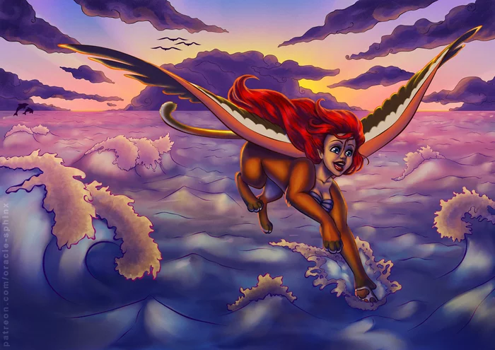 Flying Over the Sea - My, Sphinx, Ariel, the little Mermaid, Walt disney company, Disney princesses, , Sea, Sunset, , Drawing, Digital drawing, Mythology, Fantasy