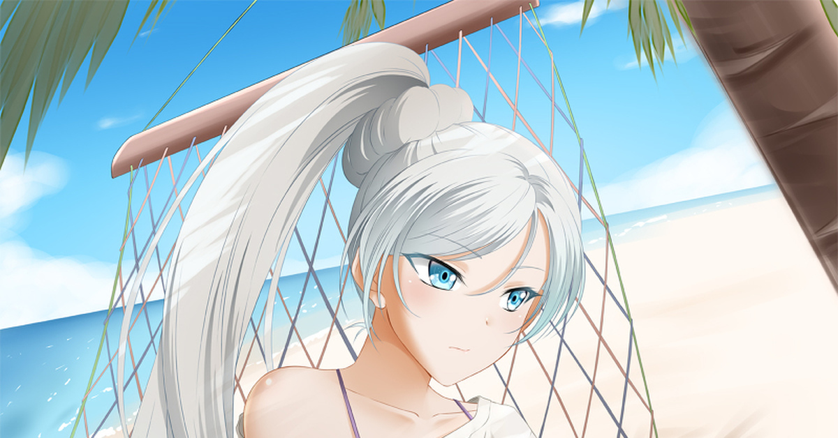 Weiss Schnee - NSFW, RWBY, Anime Art, Аниме, Kimmy77, Арт, Грудь, Рисунок, Купальник, , Weiss Schnee, Гамак, Пляж, Море, Попа, Половые губы, Длиннопост