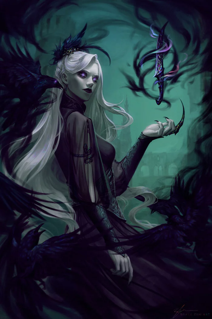 Lamia - Drawing, Girls, Gothic, Black crows, Witch, Dagger, Grace Zhu, Art