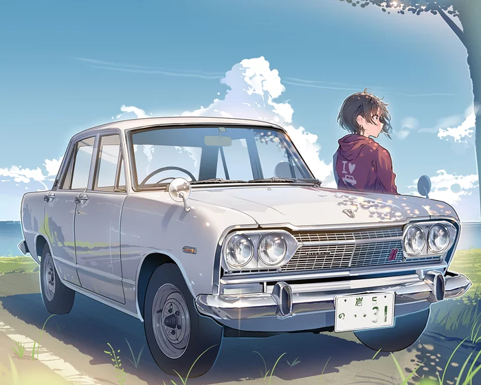 Car & Girl - Art, Car, Nissan, Girls, Anime, Anime art