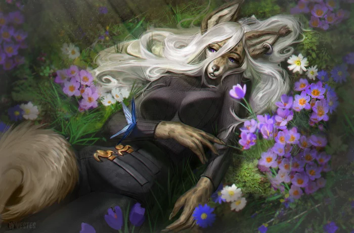 Rest among the flowers - Furry, Anthro, Art, Furry feline, Whisperclaw