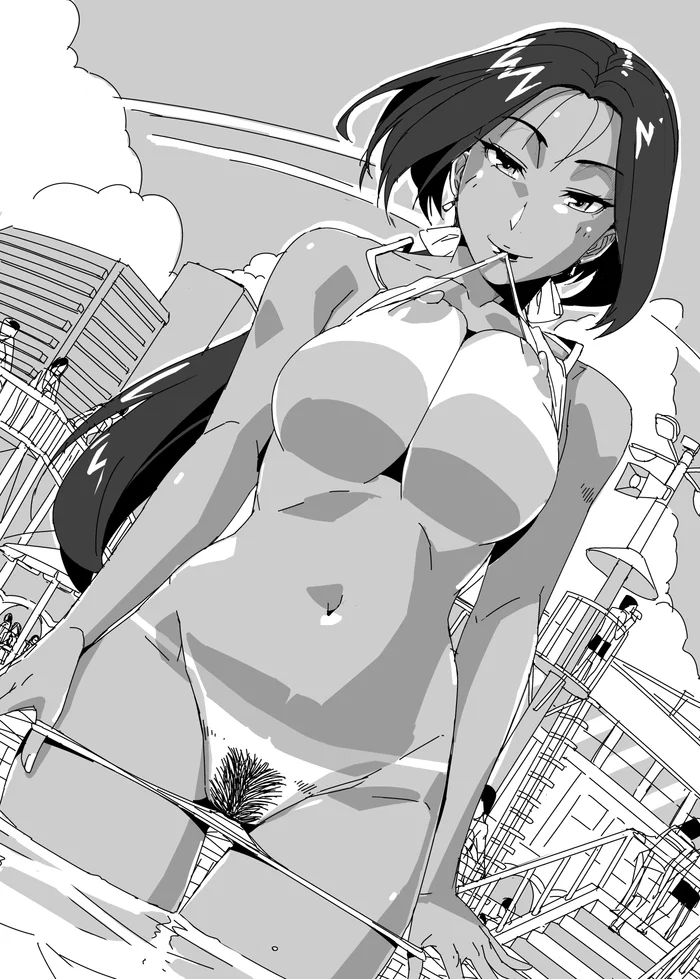 Summer time - NSFW, Anime art, Anime original, Original character, MILF, Sugoi dekai, Swimsuit, Art, Hand-drawn erotica, , Black and white, Anime
