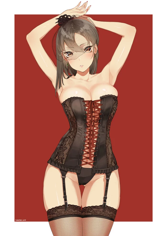 Girl in corset - NSFW, Anime, Anime art, Anime original, Boobs, Corset, Pantsu, Stockings, Hand-drawn erotica, , Erotic, Throtem