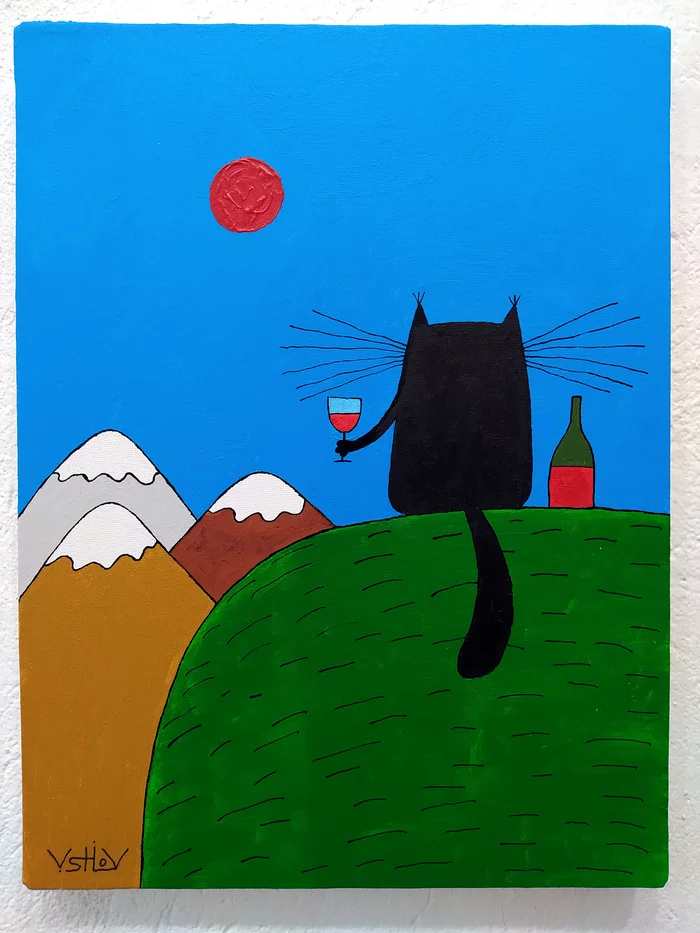 mountain cat - My, cat, Wine, Alcohol, The mountains, Painting, Humor, Nature, Relax