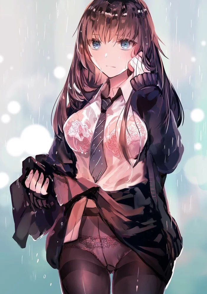 Rain - NSFW, Арт, Anime Art, Anime Original, Эротика, Девушки, Дождь, Нижнее белье, Мокрая, , Колготки