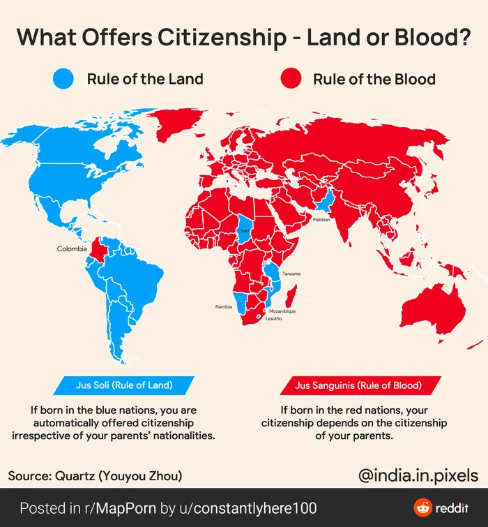 Countries where the right to citizenship depends on the place of birth, and where on relatives - Country, Reddit, Picture with text