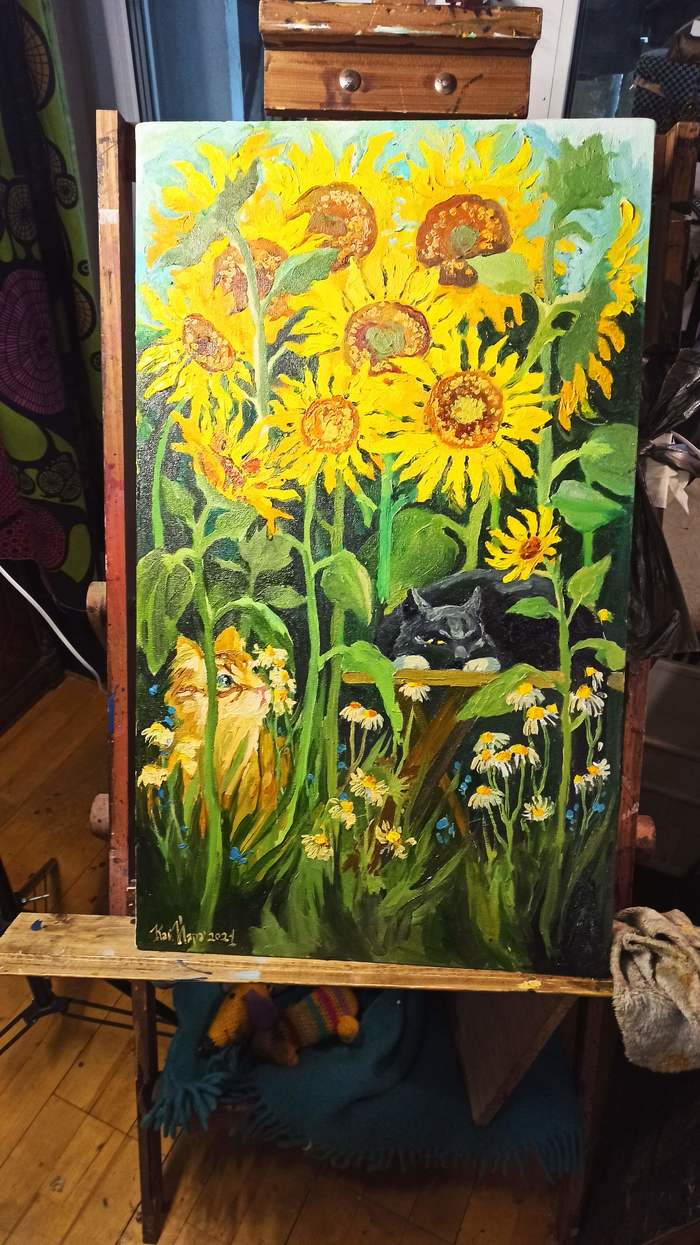 Sunflowers - My, Kai Yara, Oil painting, cat, Sunflower, Painting, Longpost