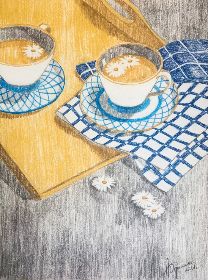 Chamomile tea - My, Drawing, Still life, Painting, Illustrations, Colour pencils, Postcard, Graphics, Art, , Traditional art