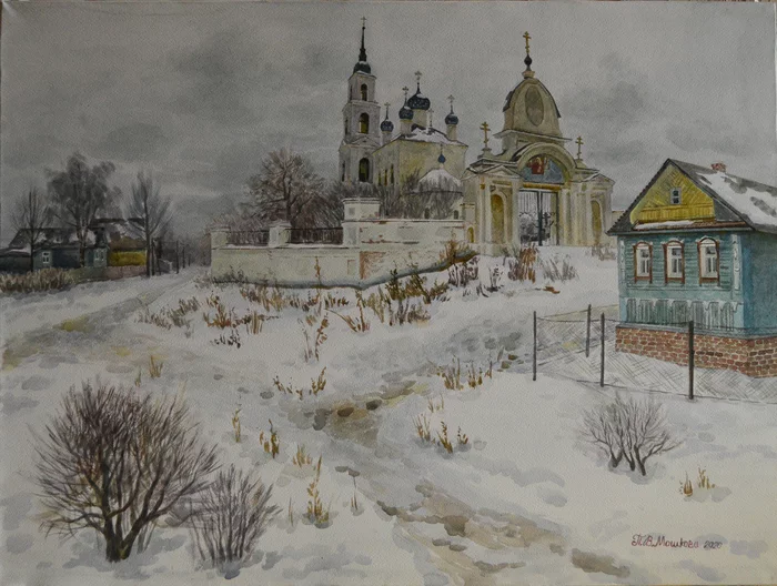 rural church - My, Landscape, Painting, Realism, Painting, Watercolor, Art, Art, Winter, , Village, Church, Temple, House, Nature, Yaroslavskaya oblast