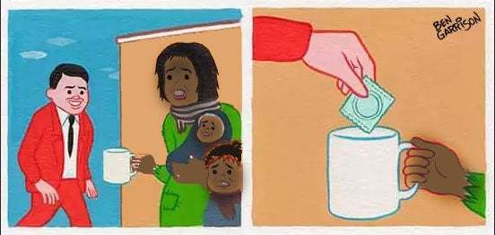 Helping hand - Help, Black humor, Condoms, Black people, Beggars, Joan Cornella, Children, Contraception, , Redrawing