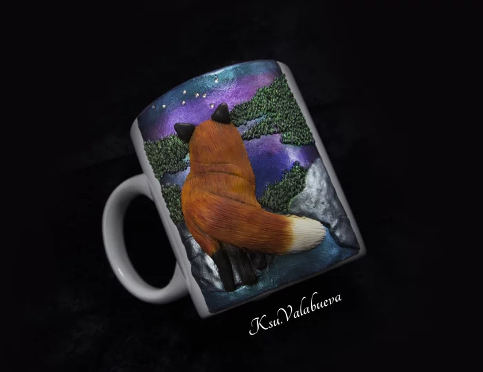 Mug with fox and landscape - My, Polymer clay, Needlework, With your own hands, Sculpture, Art, Mug with decor, Needlework without process, Longpost, Video, Fox