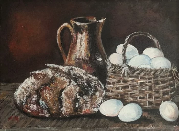 Breakfast in the village - My, Painting, Drawing, Creation, Eggs, Bread, Jug, Basket, Milk, , Breakfast