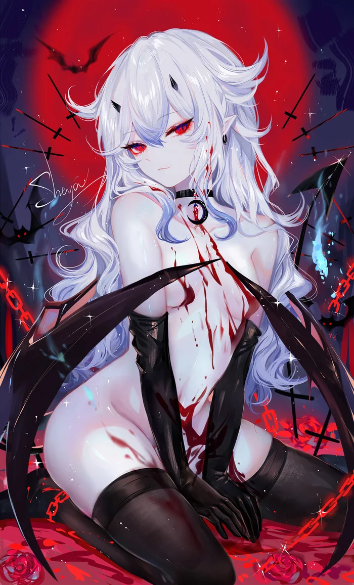 Demoness - NSFW, Anime, Anime art, Anime original, Demon, Demoness, Stockings, Wings, Art, , Girls, Hand-drawn erotica, Blood, Sheya