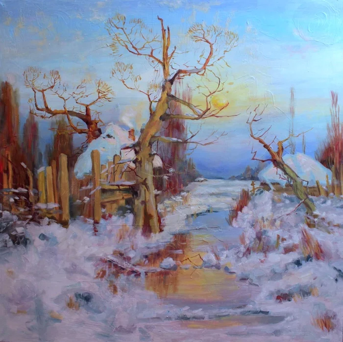 Copy of Clover's painting Winter sunset in the rays of the evening sun - My, Copy, Oil painting, Landscape, Winter, Village, Willow, Longpost