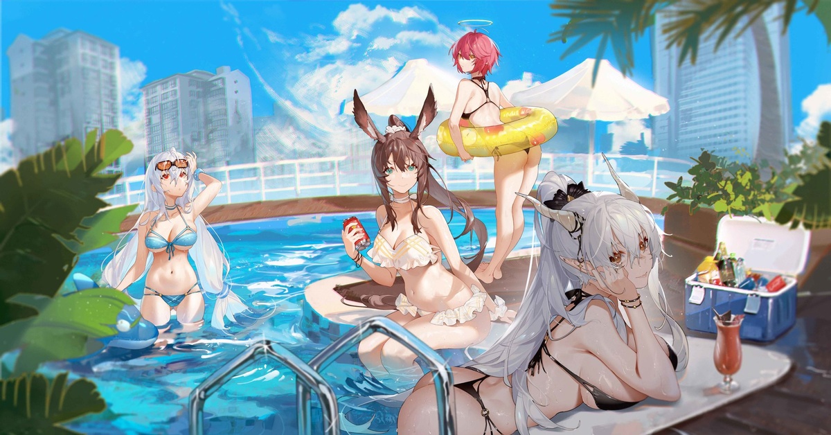 Summer time - NSFW, Anime, Anime art, Arknights, Amiya, Exusiai, Shining, Skadi, Animal ears, , Swimsuit, Boobs, Hand-drawn erotica, Erotic