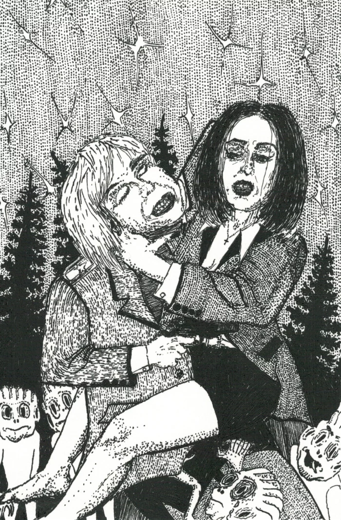 Agent Scully prevents Colonel Kamenskaya from meeting aliens - My, Drawing, Pen drawing, Black and white, Monochrome, Secret materials