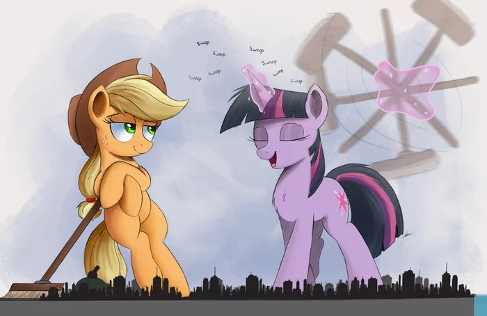 City cleaning - My little pony, Applejack, Twilight sparkle, Giant Pony