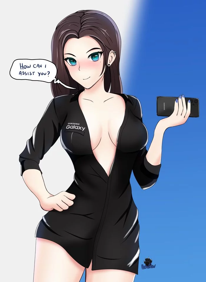 Sam - NSFW, Anime art, Samsung, Sam, Art, Boobs, Hand-drawn erotica, Erotic, Virtual assistant, Longpost, Sam (Samsung)