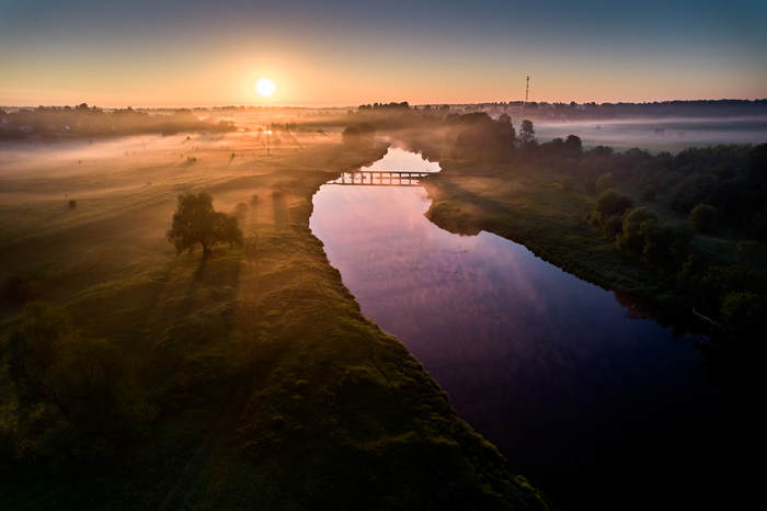 Sunrise on the Ruza River - My, Sunrise, Landscape, Подмосковье, River, Ruza, Drone, Longpost, The photo