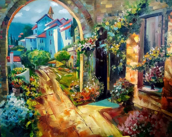 Courtyard lit by the sun - My, Painting, Oil painting, Painting