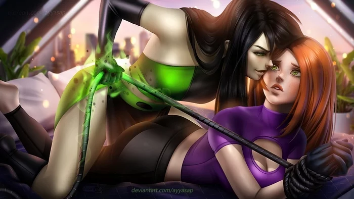 Kim & Shego - NSFW, Art, Hand-drawn erotica, Kim Five-with-plus, Shego, Redheads, Brunette, Binding, Breast, , Booty, AyyaSAP