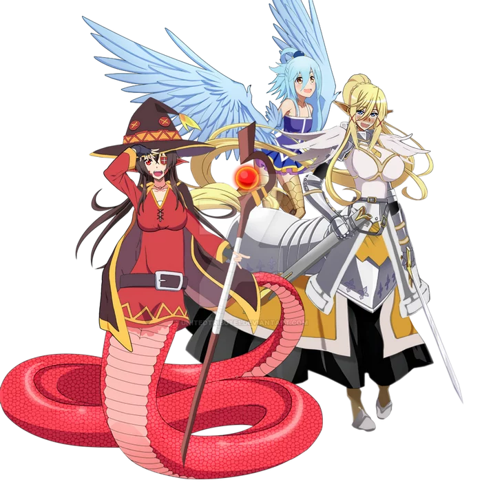 They have become even more useless! - Konosuba, Monster musume no iru nichijou, Anime art, Anime, Longpost, Crossover, Monster girl, Aqua, Megumin, , Darkness