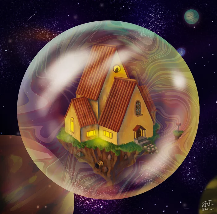 The house flew - My, Digital drawing, Art, Surrealism, Illustrations, Space, Bubble, House