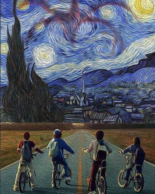Cycling in the style of Van Gogh - van Gogh, Bike ride, Friends, Art, Images, Van Gogh's Starry Night, TV series Stranger Things, Fan art, Crossover