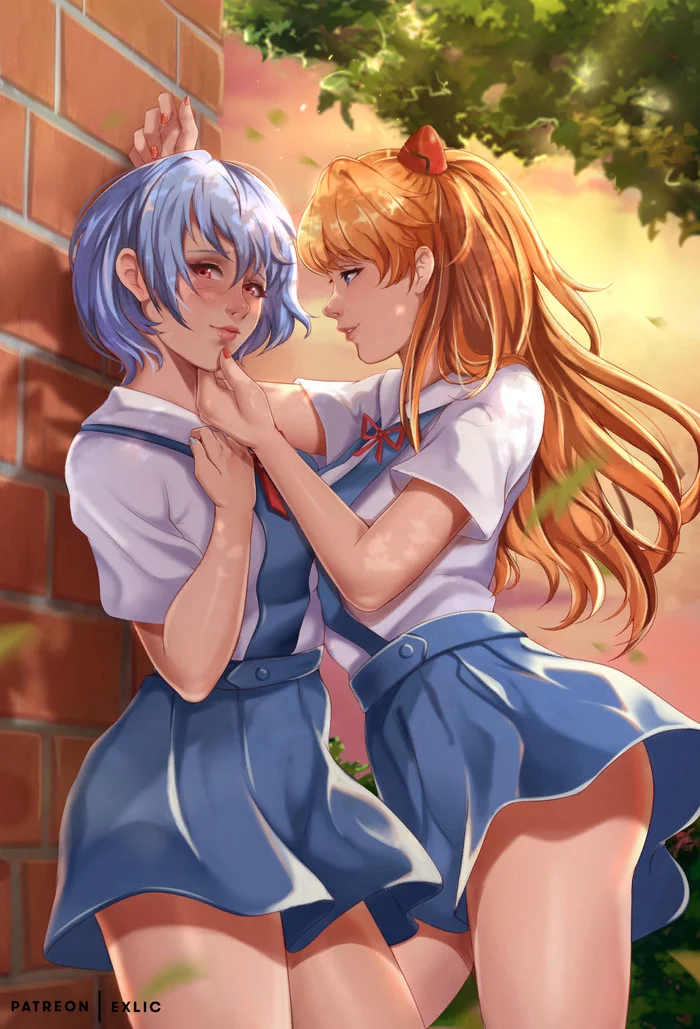 Прижата к стене - Evangelion, Asuka Langley, Rei Ayanami, Anime Art, Аниме, Yuri, Exlic