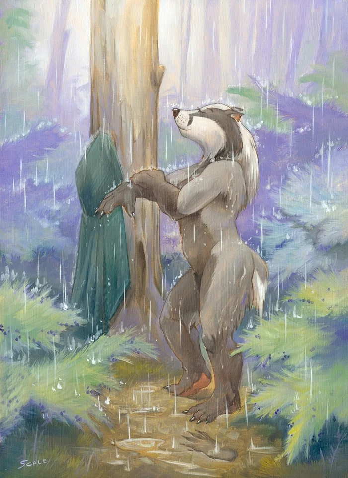 Shower scene - NSFW, Furry, Furry art, Badger, Furotica female, Rain, Shower, Traditional art, Scale