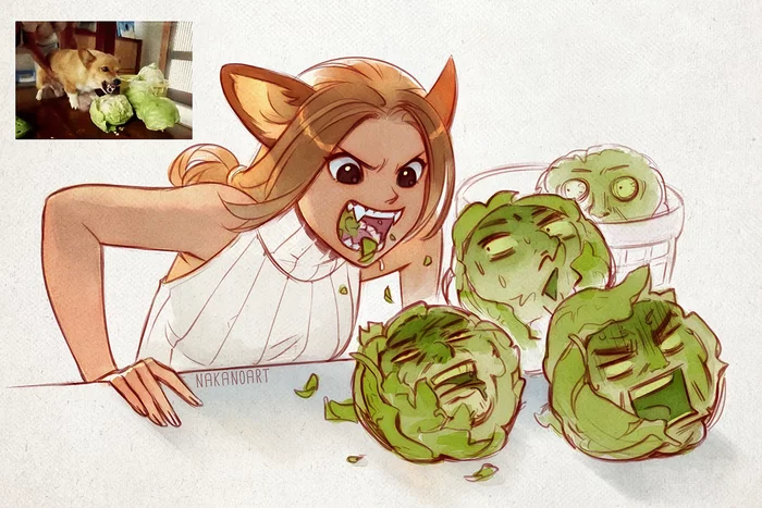 Vegetarian - Art, Humanization, Animal ears, Dog, Corgi, Cabbage, Nakanoart, Furry