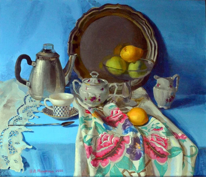 Still life with embroidery - My, Still life, Painting, Painting, Butter, Realism, Art, Art, Tableware, , Embroidery, Фрукты, Lemon, Vase, Metal, Glass, Porcelain, Sugar bowl, Milkman, Apples, Pear