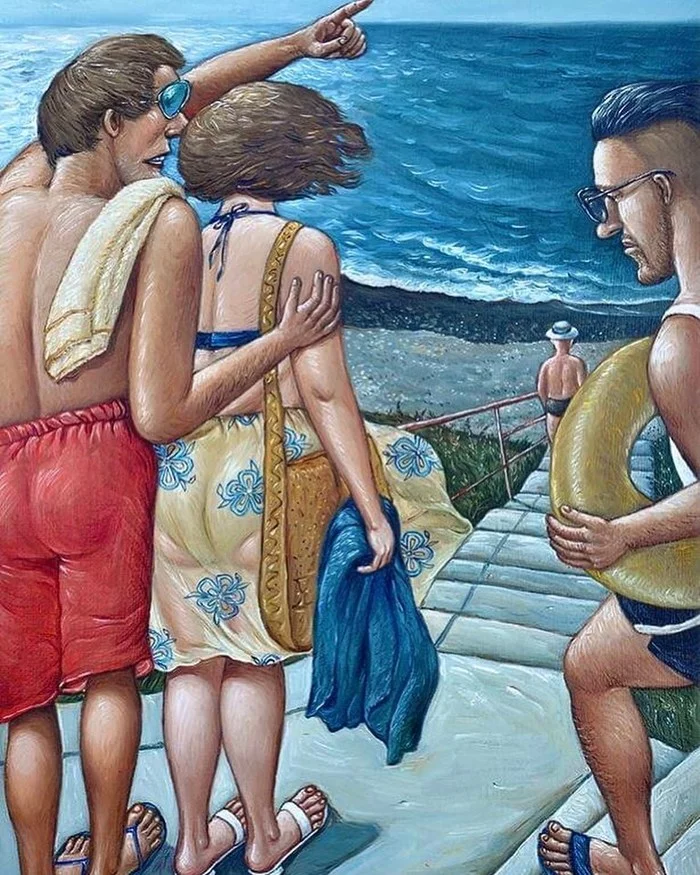 Masha, right now the most evil sun, let's go to the bar! - Oil painting, Beach, Summer, Sea, Vacationers