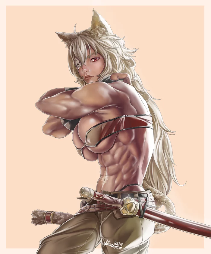 Ghislaine dedoldia - NSFW, Strong girl, Muscleart, Anime, Anime art, Ghislaine dedoldia, Mushoku tensei, Art, Animal ears, , Boobs