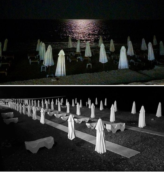 I was walking along the beach at night, I almost caught a heart attack ... I thought a bunch of some dark cult ... - Umbrella, It seemed, Beach, Repeat