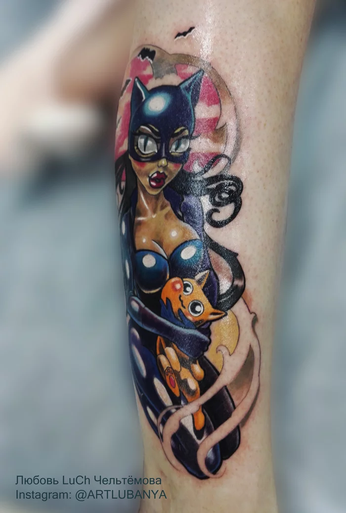 Tattoo with a catwoman according to an individual sketch - Tattoo, Tattoo artist, Tattoo sketch, Tattoos, Heifers