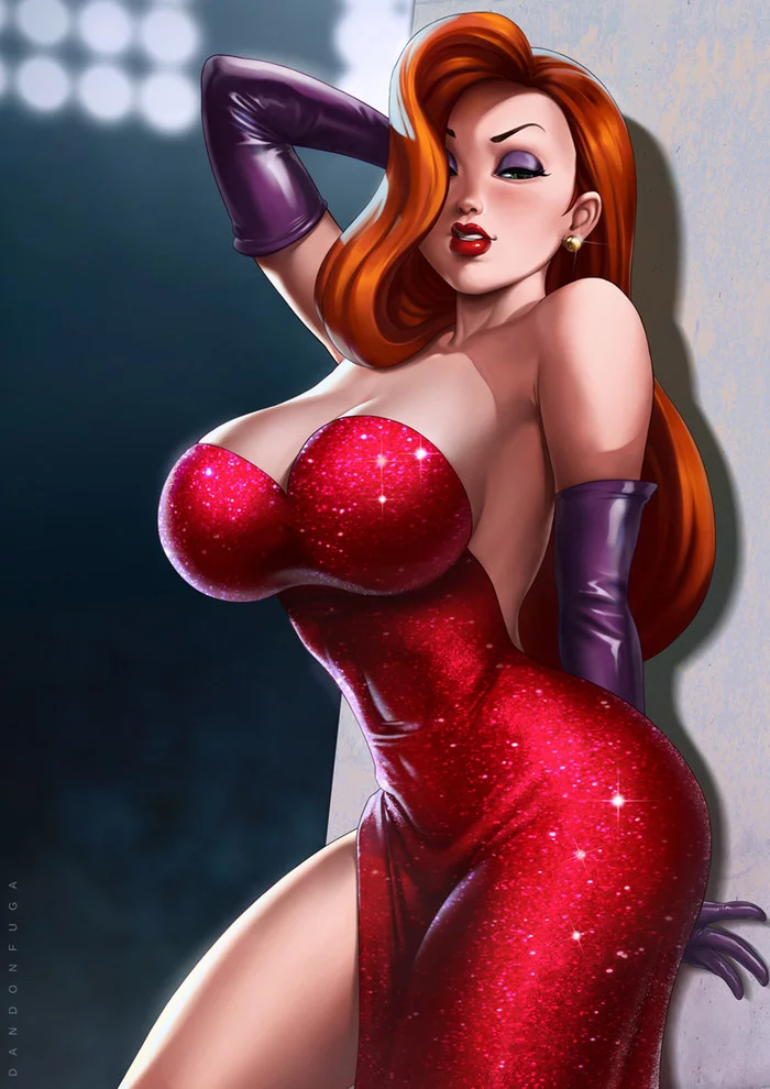 Jessica again - NSFW, Art, Hand-drawn erotica, Dandonfuga, Who Framed Roger Rabbit, Jessica Rabbit, Redheads, Evening Dress, Breast, , Labia, Strapon, Longpost