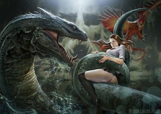 Fantasy on the theme: What if ... - NSFW, Art, Hand-drawn erotica, Hogwarts, Ginny Weasley, Basilisk, Phoenix, Stockings, Underwear, , Nipples, Booty, Eating, Longpost, Ninjart1st, Vore